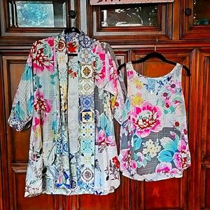 JOHNNY WAS 2 PIECE SILK PRINT REVERSIBLE KIMONO JACKET  & TANK SET -  SZ. MD!